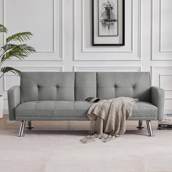 Spaco 73 23 In Light Grey Modern Fabric Convertible Folding Twin Sofa Bed With Armrest And 2 Cup Holders Mb W58836786 Spaco 73 23 In Light Grey Modern, Couch Armrest Cup Holder