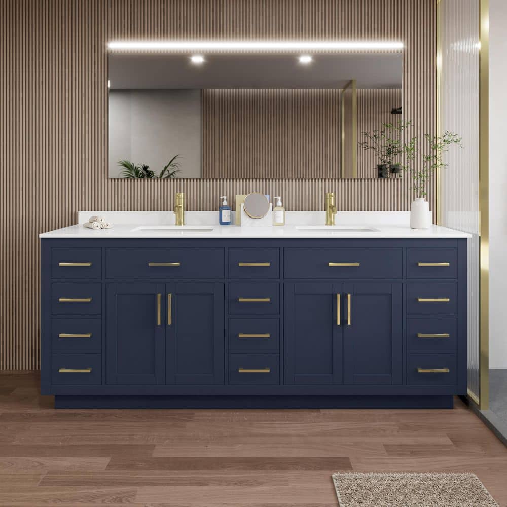 Beckett TK 84 in. W x 22 in. D x 35 in. H Double Sink Bath Vanity in Dark Blue with Brushed Gold Trim White Quartz Top price history on PriceWatchPro