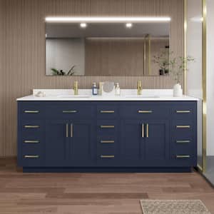 Beckett TK 84 in. W x 22 in. D x 35 in. H Double Sink Bath Vanity in Dark Blue with Brushed Gold Trim White Quartz Top