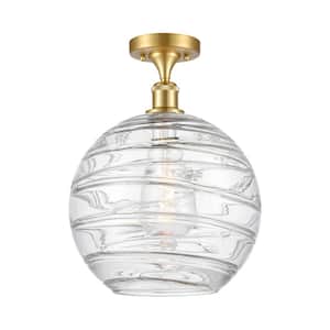 Athens Deco Swirl 12 in. 1-Light Satin Gold Semi-Flush Mount with Clear Deco Swirl Glass Shade