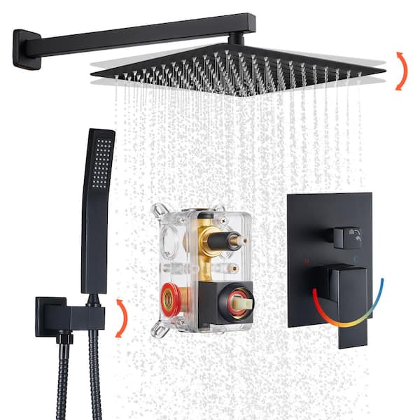 Heemli 10 in. Rain Single Handle 1-Spray Shower System Kit Handheld Combo w/ Valve 1.8 GPM Adjustable Dual Shower Head in Black