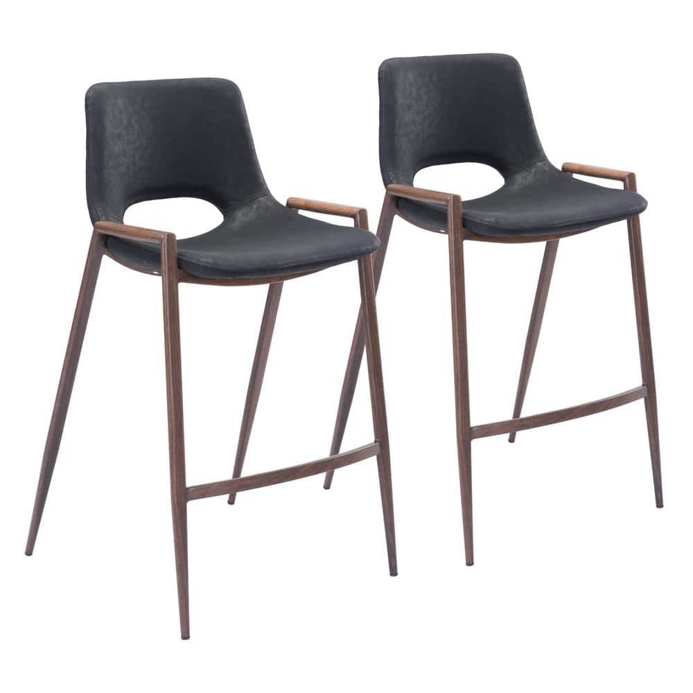 Black Leather and Walnut Wood Counter Stools, Set of 2
