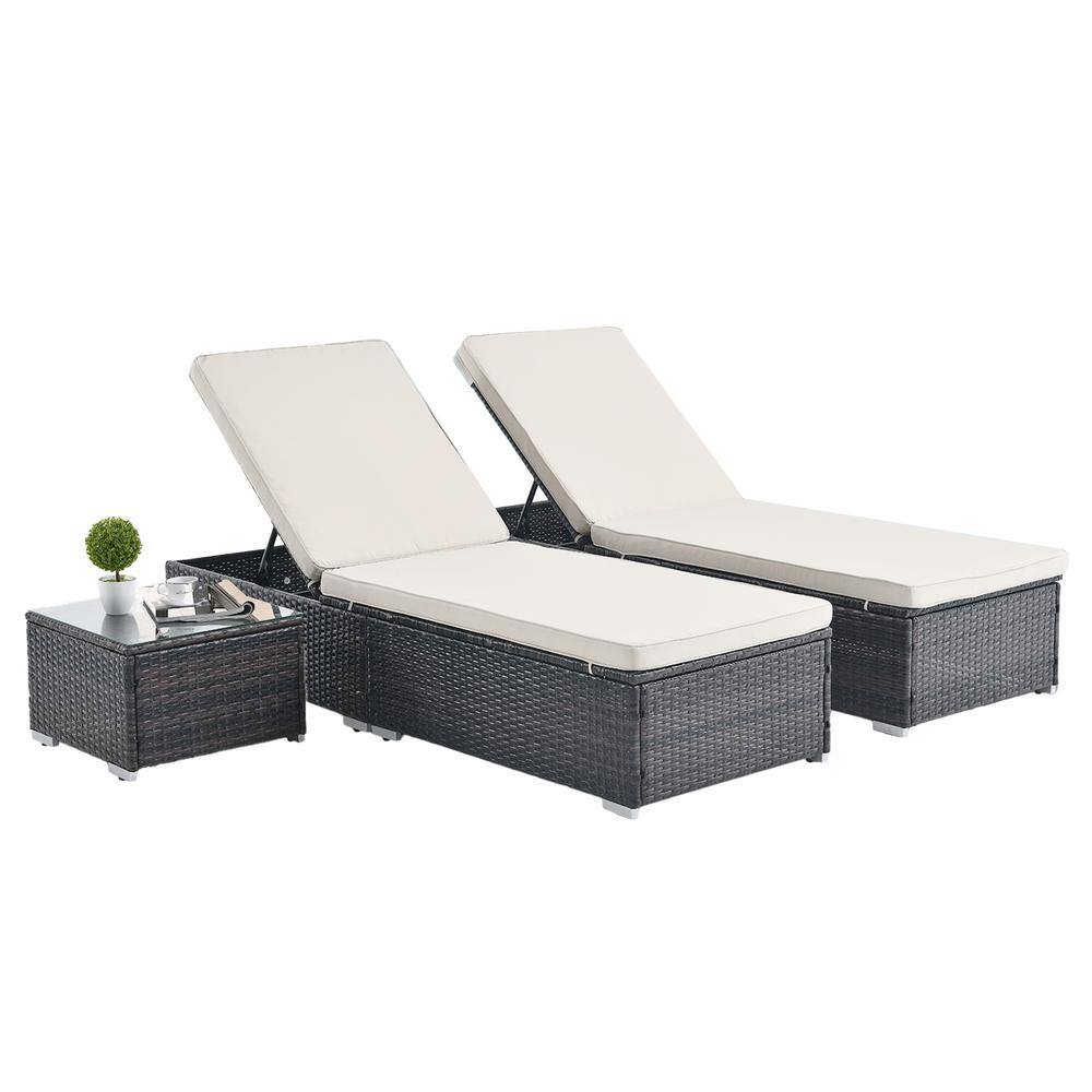 3-Piece Brown Metal Outdoor Patio Chaise Lounge Chair Lying in bed with Rec
