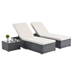 3-Piece Brown Metal Outdoor Patio Chaise Lounge Chair Lying in bed with Reclining Adjustable Backrest and Beige Cushions