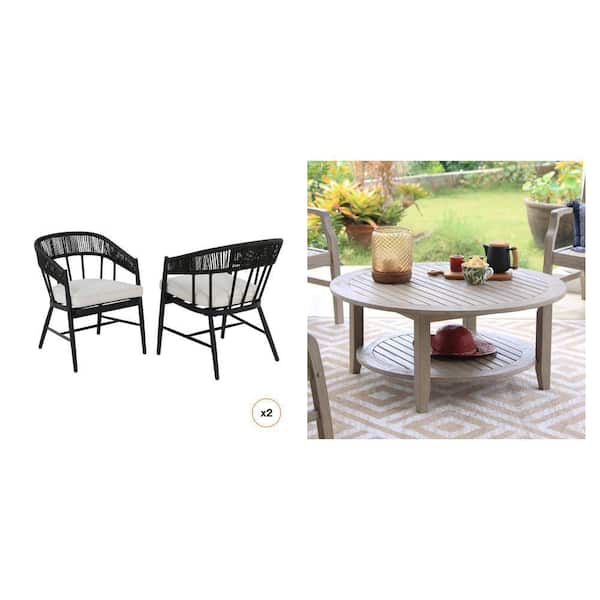 Aspenwood Wicker Outdoor Dining Chair with White Cushions (2-Pack) and Weathered Teak Round Coffee Table