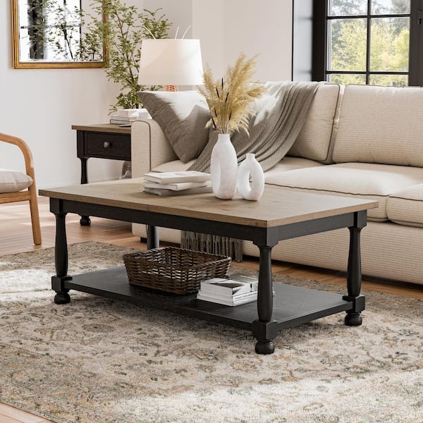 Furniture of America Windcrest 48 in. Weathered Black and Brown Rectangle Wood Coffee Table with Farmhouse Legs