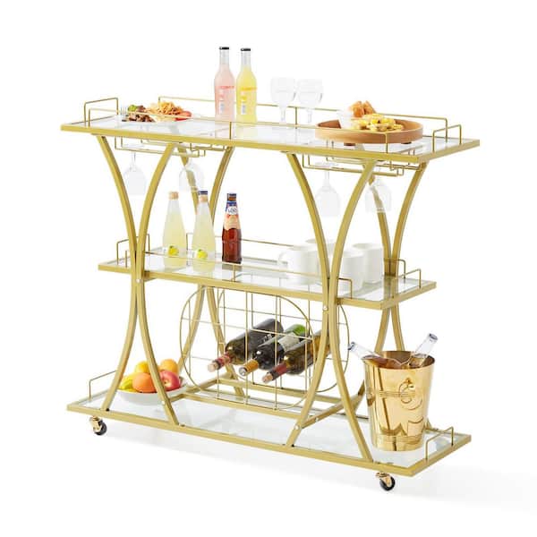 SKYSHALO Bar Cart, Gold, Metal Kitchen Cart with Locking Casters and wheels, Rolling Alcohol Cart with Tempered Glass Shelves