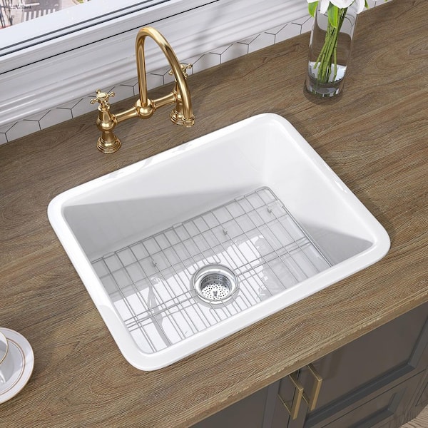 Ale 24 in. White Kitchen Sink Fireclay Drop-in / Undermount Dual Mount Small Farm Sink Single Bowl with Accessory Kit
