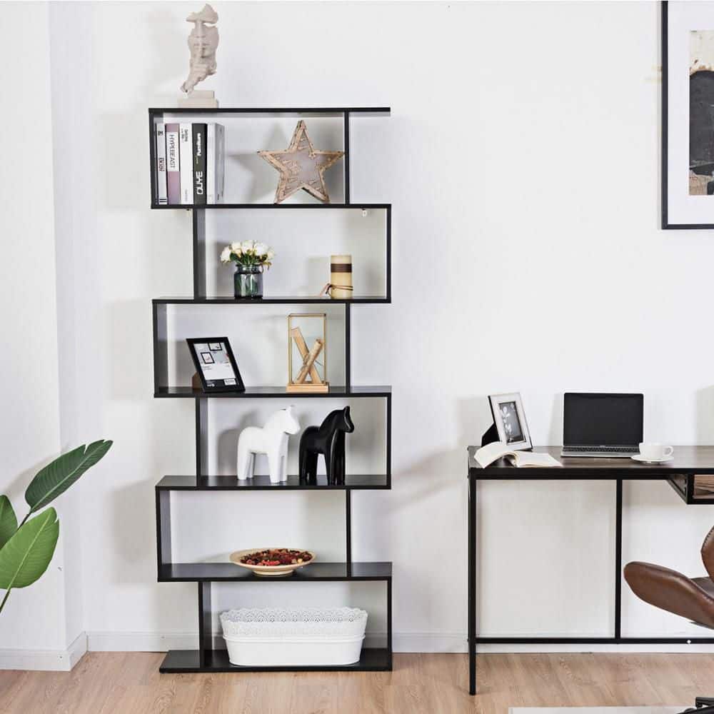 6 Tier S-Shaped 75.5 in. Tall Black Wood Bookcase Z-Shelf Style Storage Display Modern Bookshelf Black