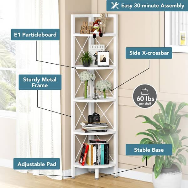 Tribesigns 5 Tier Corner Shelf, Rustic Corner Storage Rack Plant Stand Small Bookshelf for Living Room, Home Office, Kitchen, Small Space, White