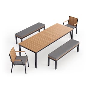Monterey 5 Piece Aluminum Teak Outdoor Patio Dining Set in Cast Slate Cushions with 96 in. Table & Bench