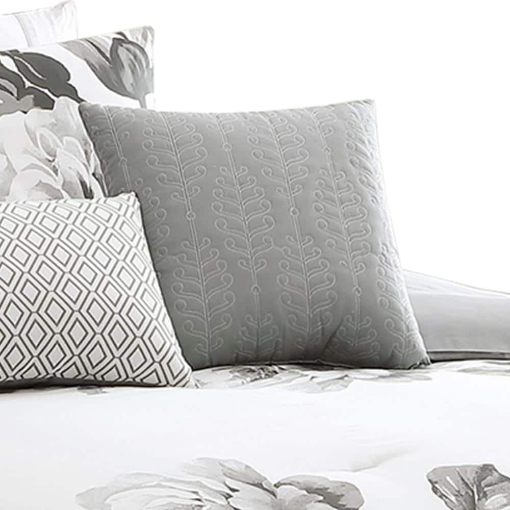 Gray and White Floral Cotton Queen Comforter Set