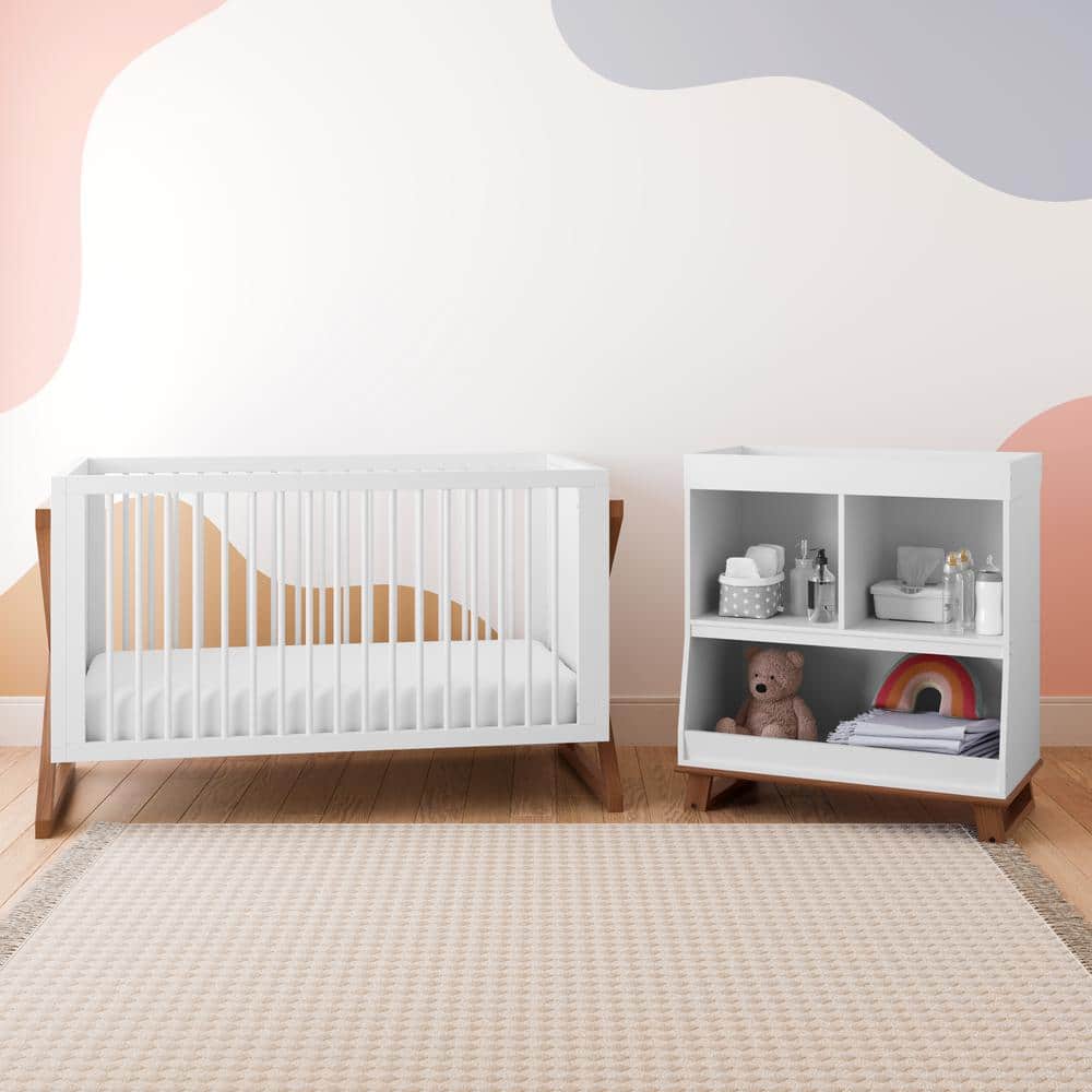 White and Driftwood 3-in-1 Convertible Baby Crib with Adjustable Mattress Support