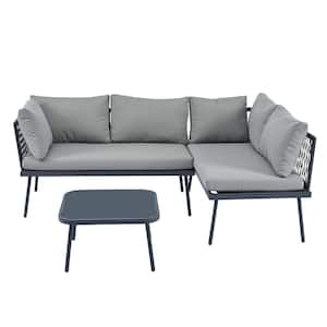3 -Piece Modern PE Wicker Outdoor Sectional Sofa Set Metal Sectional Furniture Set with Grey Cushions and Glass Table
