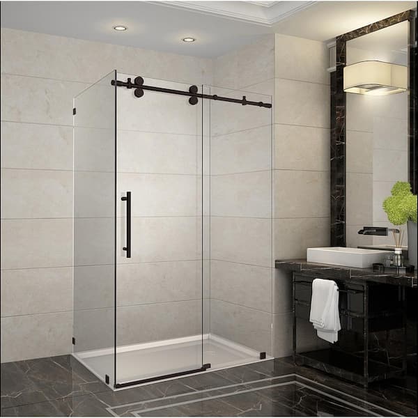 Aston Langham 44 in. - 48 in. x 33.8125 in. x 75 in. Frameless Corner Sliding Shower Door in Bronze