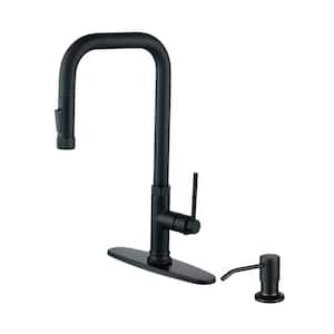 Single-Handle Pull Down Sprayer Kitchen Faucet with Soap Dispenser and Deck Plate in Matte Black