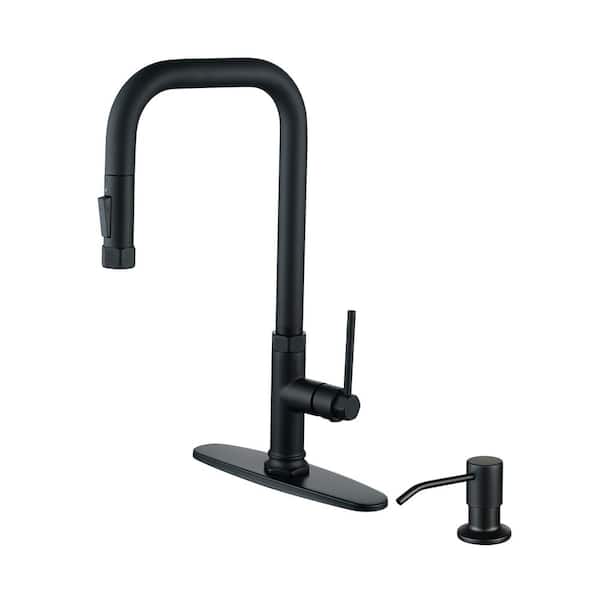 Brass Single Handle Pull Down Sprayer Kitchen Faucet with 2-Mode Advanced Spray and Soap Dispenser in Matte Black