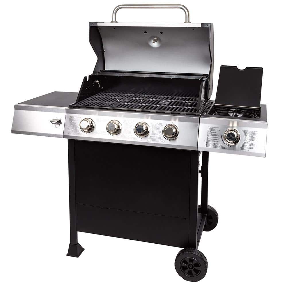 Stainless Steel Black 4-Burner Propane Gas Grill with Side Burner