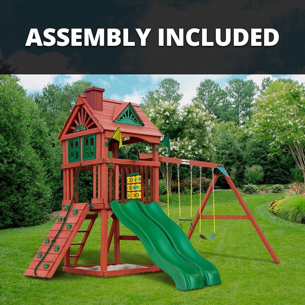 Professionally Assembled Double Down Kids Wood Outdoor Playground Set with 2 Wave Slides, Sandbox, Rock Wall, Swing Set