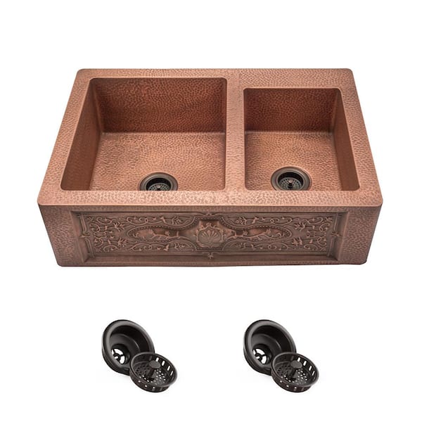 MR Direct Farmhouse Apron Front Copper 33 in. Double Bowl Kitchen Sink with Strainers