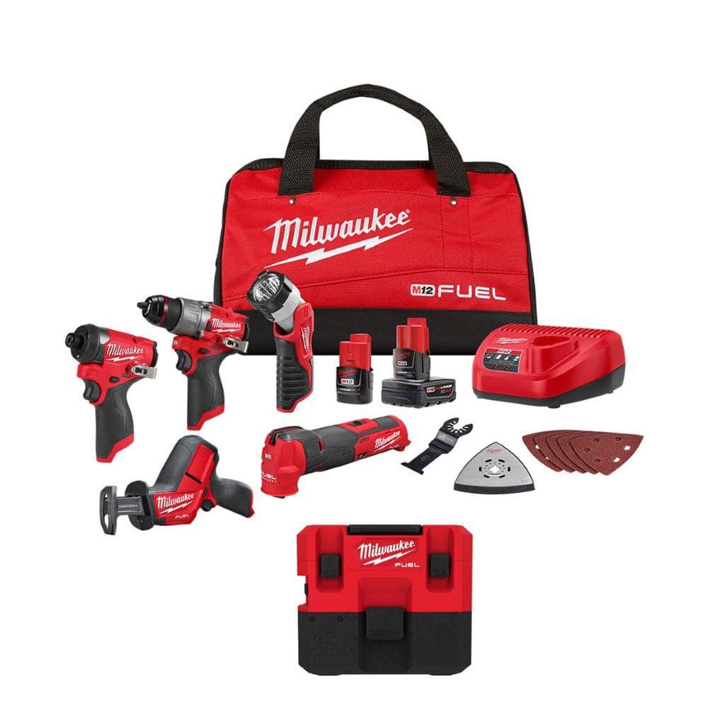 Milwaukee M12 FUEL 12-Volt Lithium-Ion Cordless 5-Tool Combo Kit w/(2) Batteries and Bag + M12 FUEL 1.6 Gal. Wet/Dry Vacuum -  3497-25-09