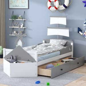 Gray Twin Size Unique Boat-Shaped Platform Bed Kids Bed with 2 Drawers