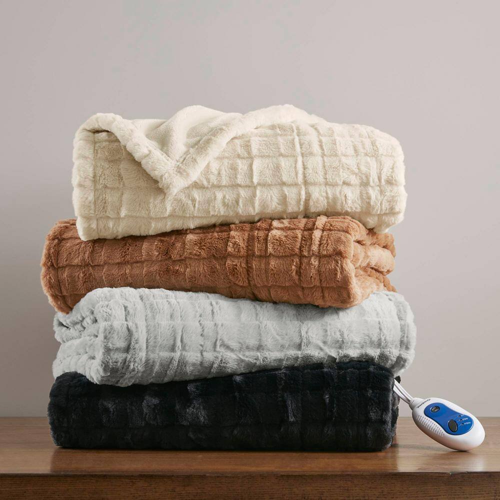 Oversized Brown Faux Fur Heated Throw with Down Alternative