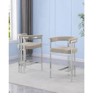 Reba 26 in. Grey Color Low Back Metal Frame Matte Brushed Chrome Base Counter Stool With Boucle Fabric Set of 2