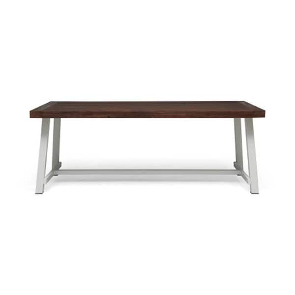 79 in. Rectangle White Metal Iron Frame Picnic Tables 8 Seating Capacity, Acacia Wood Top For Outdoor