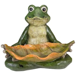14 in. Green Frog with Leaf Birdfeeder Outdoor Garden Statue