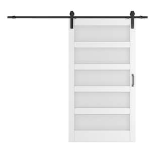 48 in. x 84 in. White, Finished, MDF, Frosted Glass, 5 Glass Panel Sliding Barn Door with Hardware Kit