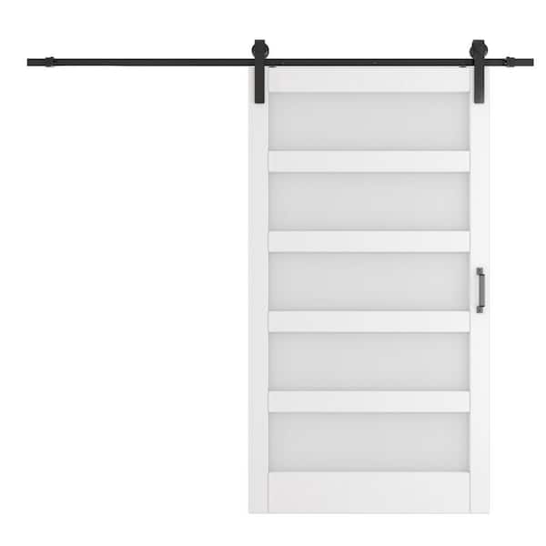 TENONER 48 in. W. x 84 in. 5-Panel, Frosted Glass, White, Can't Be Painted, Finished MDF Sliding Barn Door with Hardware Kit