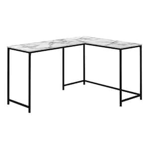 L-SHAPED COMPUTER DESK - CORNER / METAL BASE / LARGE DESK - 58''L X 44''W - WHITE MARBLE-LOOK / BLACK