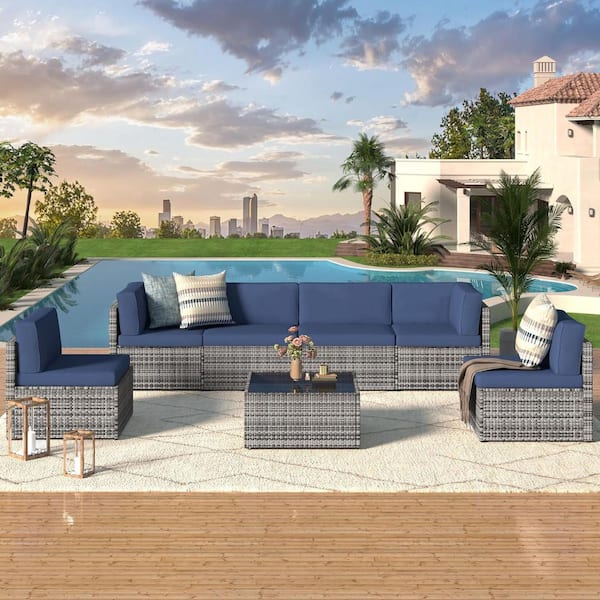 AECOJOY Grey 7-Piece Patio Rattan Wicker Sofa Set Outdoor Conversation Furniture Chair Set with Dark Blue Cushion
