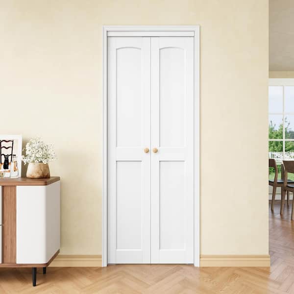 30 in. x 80 in. Arch 2 Panel White Solid Core Composite MDF Wood Interior Bi-fold Door + Pivot Door W/ 2-Type Hardware
