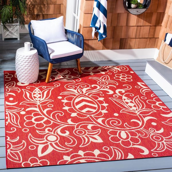 Beach House Red/Beige 7 ft. x 7 ft. Oversized Floral Indoor/Outdoor Square Area Rug