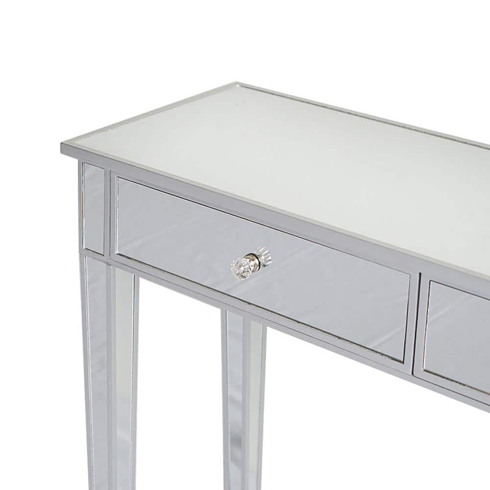Close-up angle of a silver mirrored vanity table