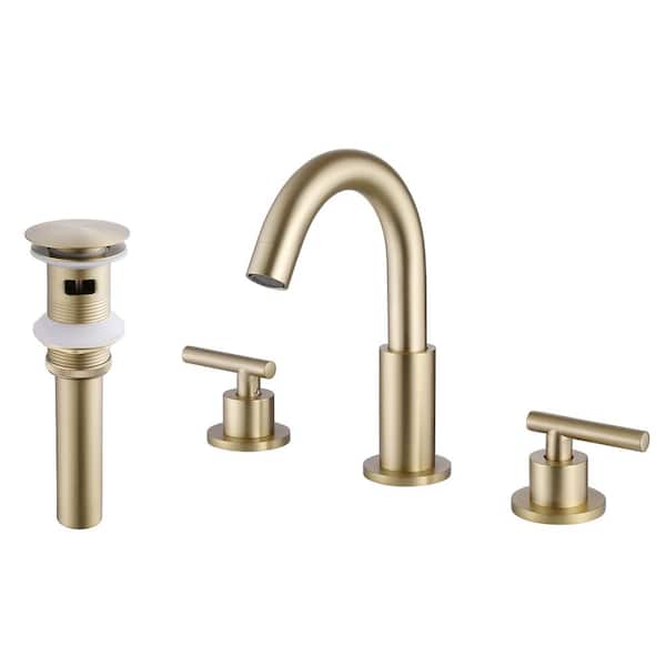 AIMADI 8 in. Widespread Double Handle Bathroom Faucet with Pop-Up Drain Modern 3 Hole Brass Bathroom Sink Taps in Brushed Gold