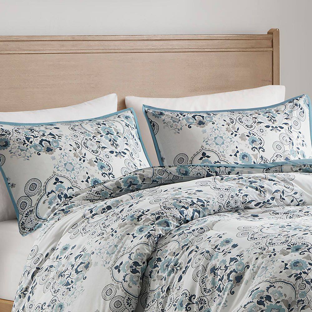Blue Floral Cotton Down Alternative Comforter Set, Full