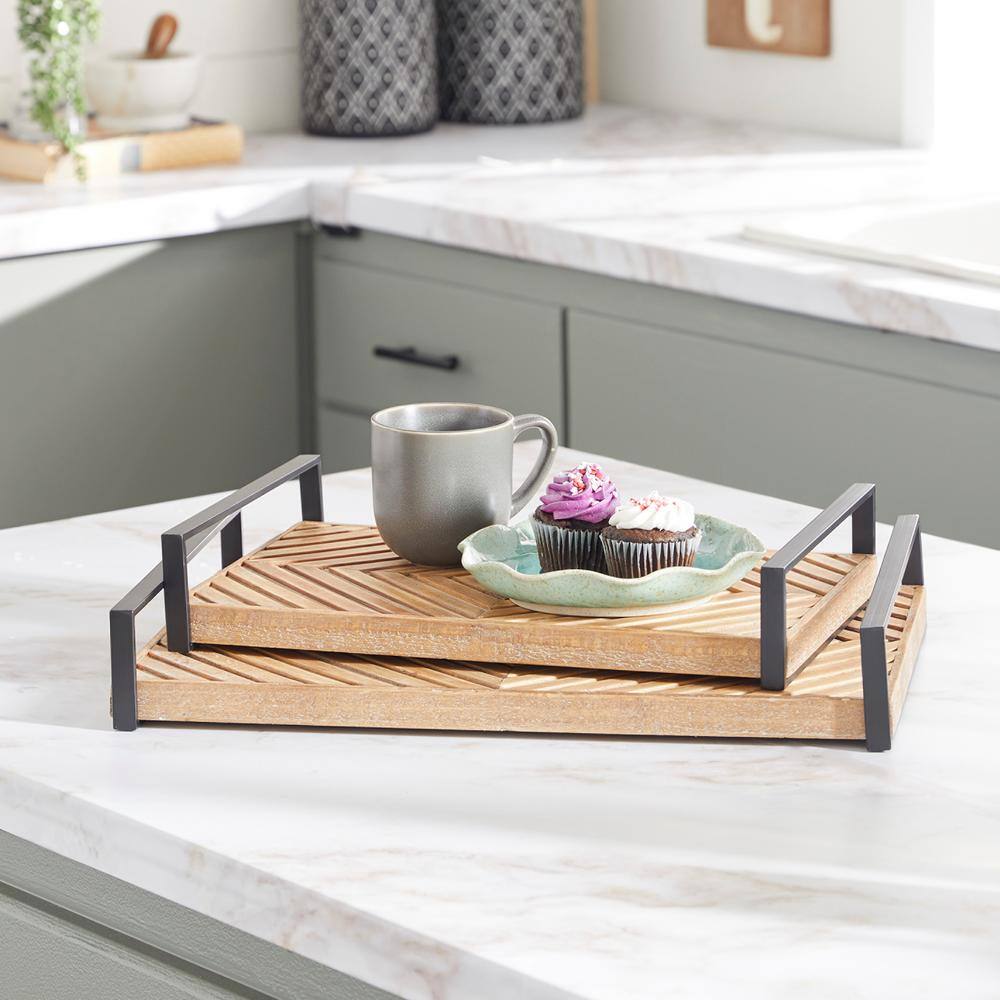 Brown Rectangular Wood Tray Set with Black Handles, 19" and 16"