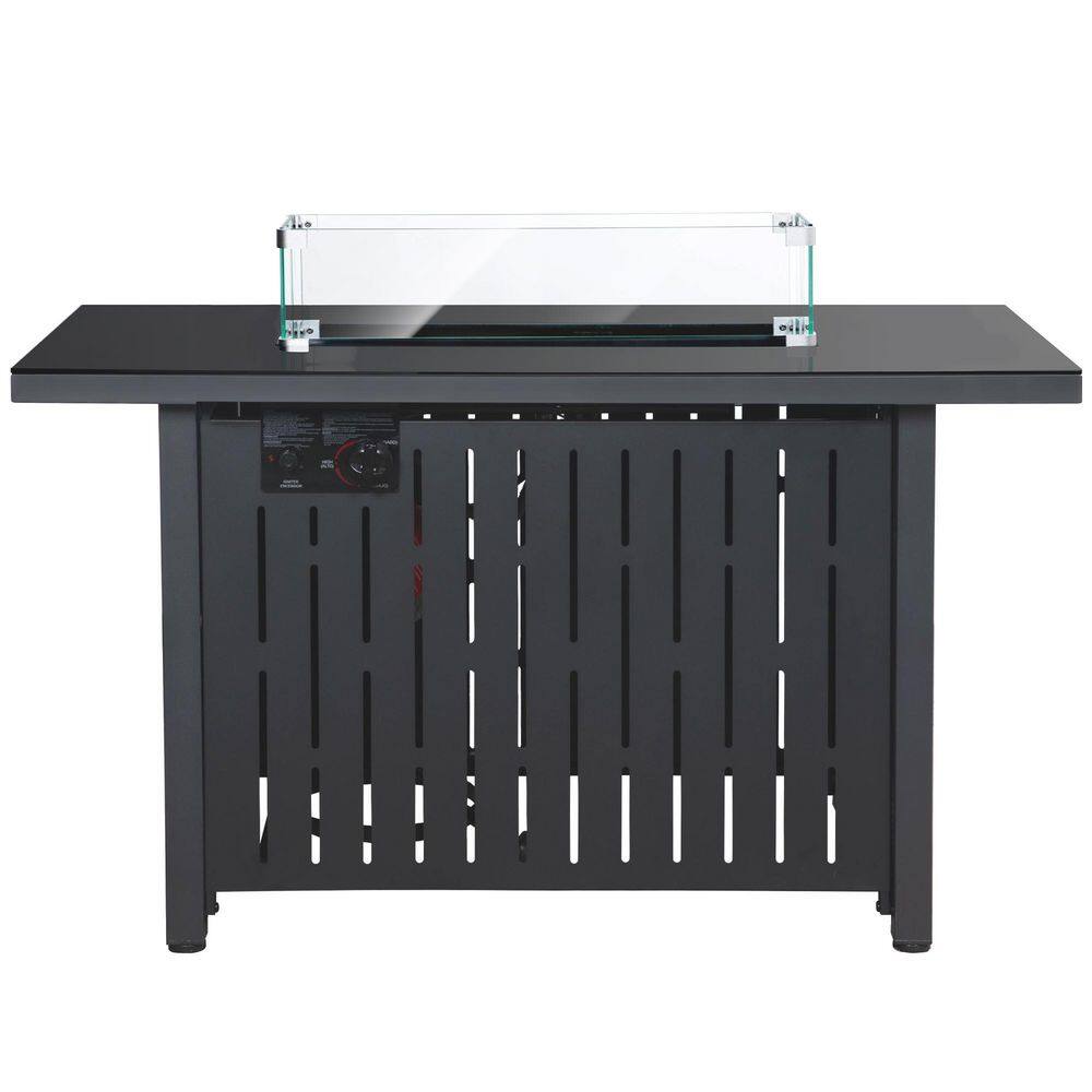 Black Metal Outdoor Fire Pit Table with Blue Glass Beads and Glass Wind Gua