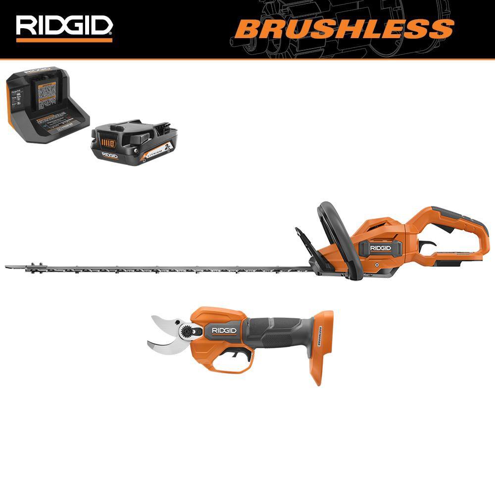 RIDGID 18V Brushless 22 in. Cordless Hedge Trimmer and Cordless Pruner with  2.0 Ah Battery and Charger R01401K-PRN - The Home Depot