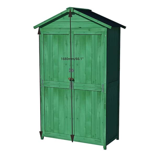 Tunearary Outdoor Garden Wooden Lockable Tool Cabinet Storage with Waterproof Asphalt Roof, 2-Doors and 4-Removable Shelves, Green