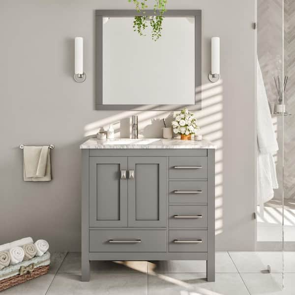 London 36 in. Single Sink Gray Bath Vanity with White Carrara Marble Top (Assembled)