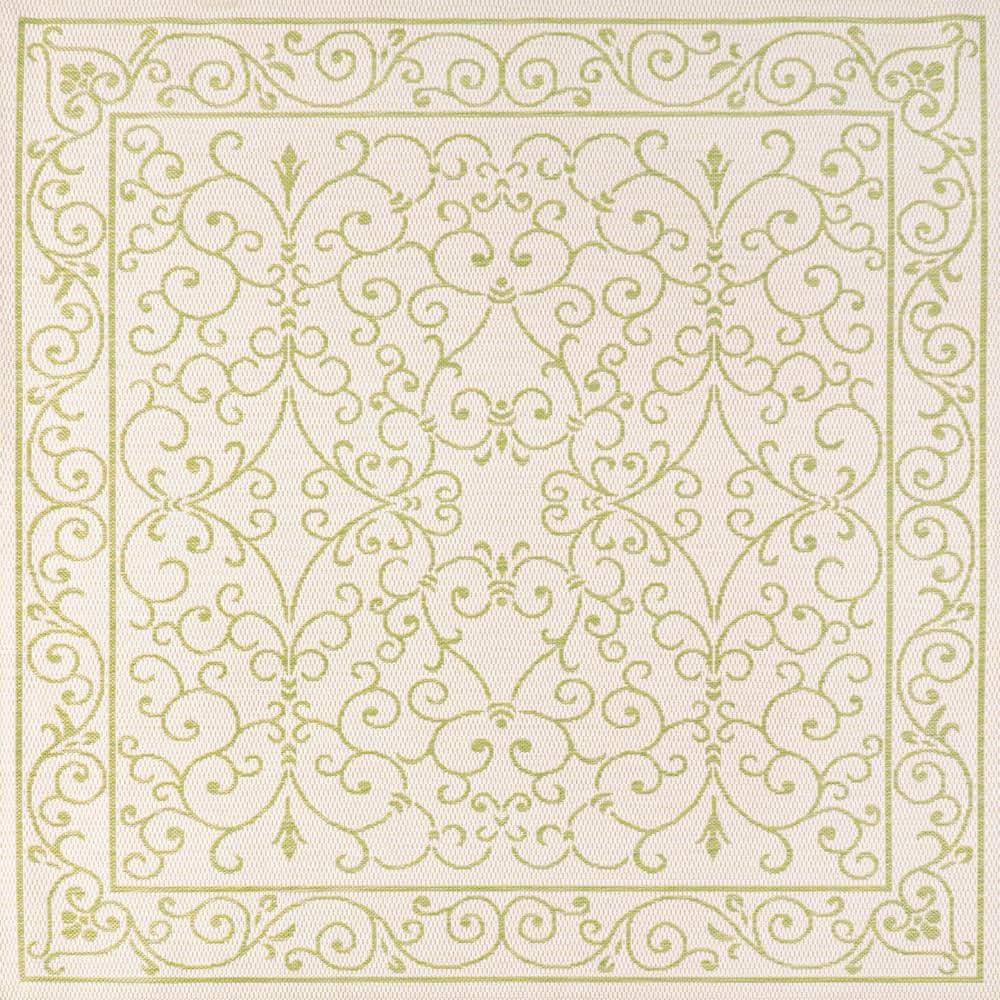 Charleston Vintage Filigree Cream and Green 5' Square Indoor/Outdoor Area Rug