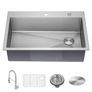 Loften Stainless Steel 33 in. Single Bowl Drop-in/Undermount Kitchen Sink with Pull Down Faucet in Chrome and Steel