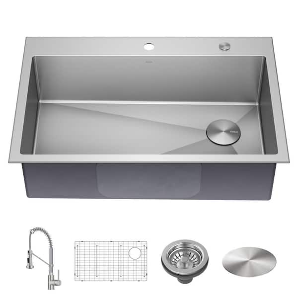 KRAUS Loften 33 in. Drop-In Single Bowl 18 Gauge Stainless Steel Kitchen Sink with Pull Down Faucet in Chrome and Steel