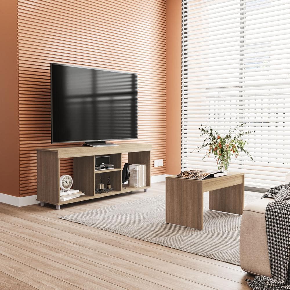Polifurniture 2-Piece Walnut Living Room Set with TV Stand and Coffee Table