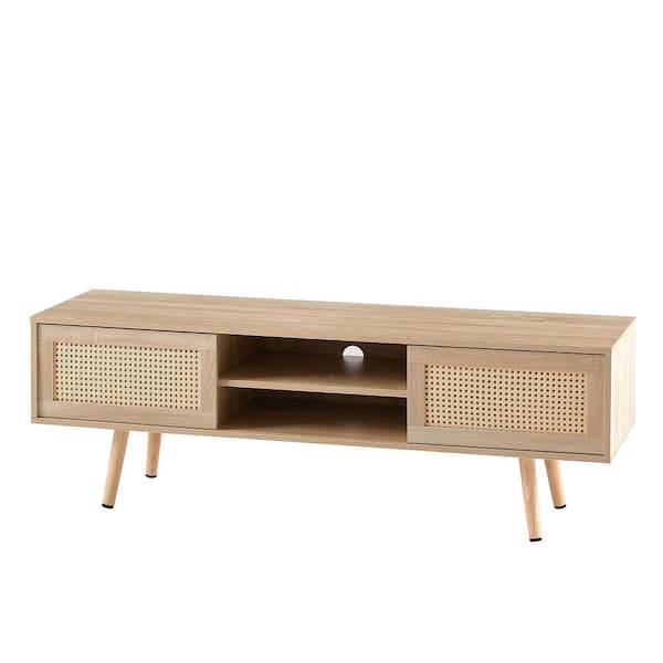 Anky 55.12 in. Natural Wood Rectangle MDF Rattan Coffee Table with Double Sliding Door for Storage and Solid Wood Legs