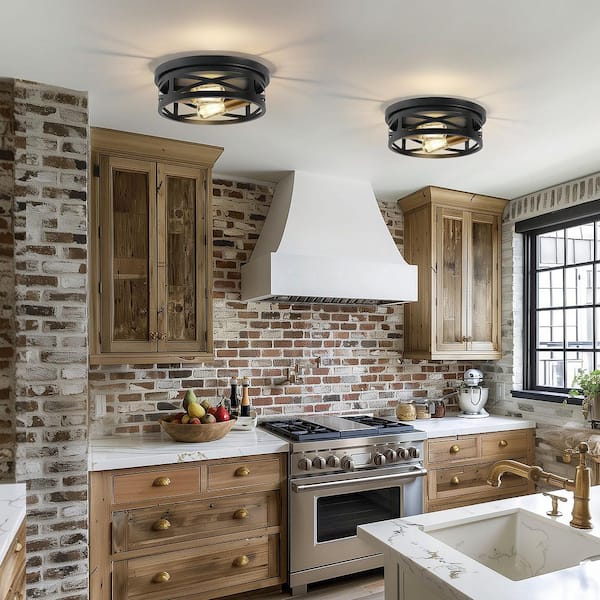10.6 in. 2-Light Black Drum Metal Flush Mount Lighting with No Bulbs Included 2-Pack